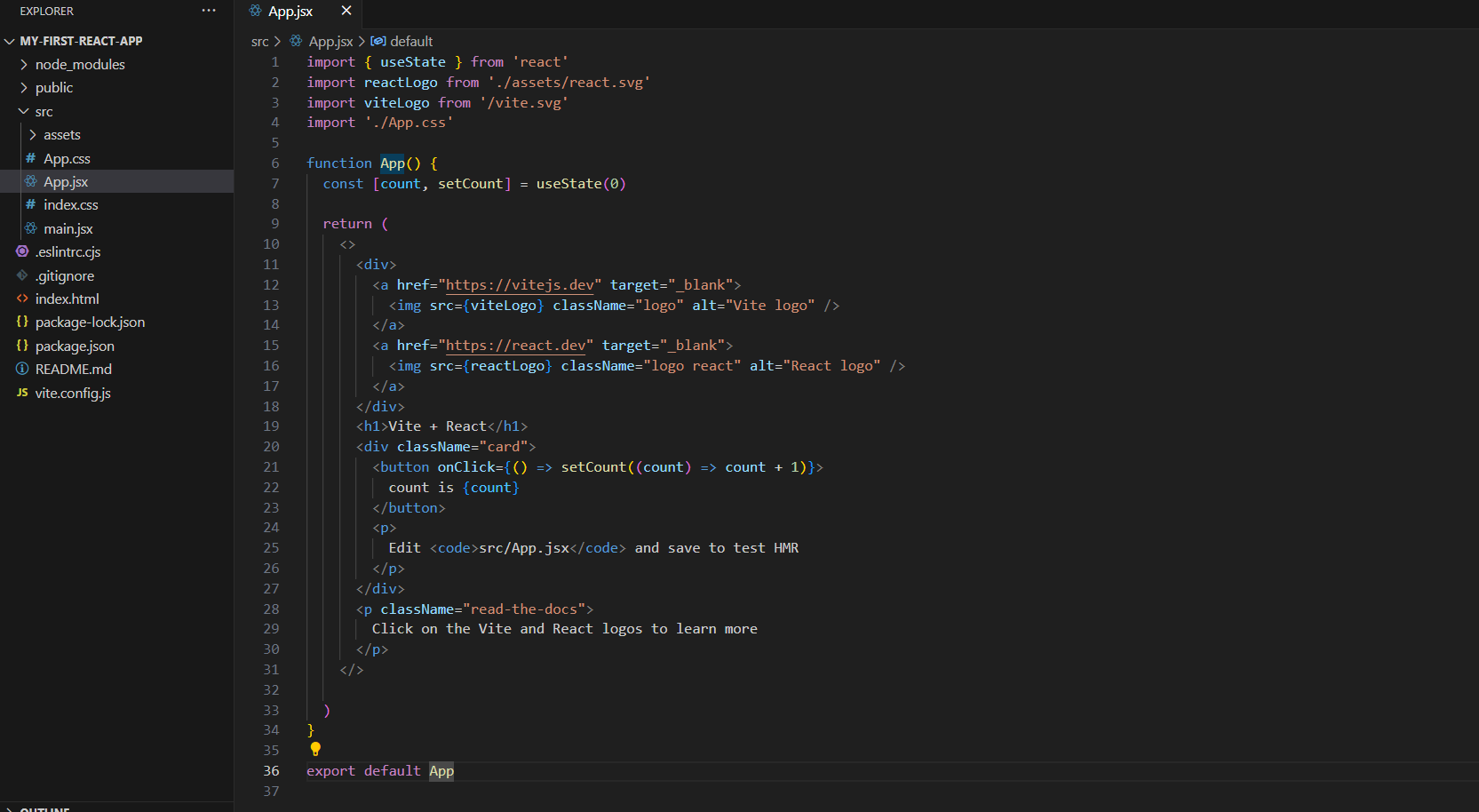 Screenshot of code editor of App.jsx file
